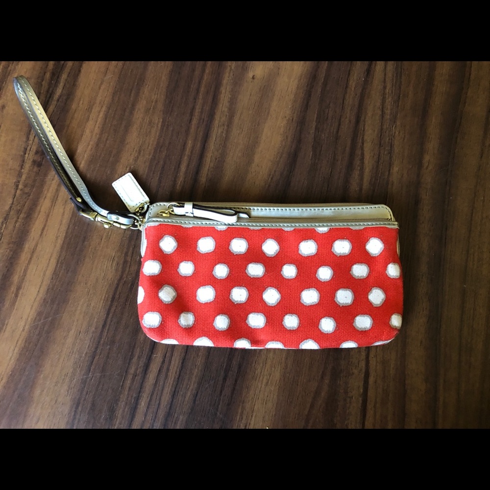 Coach red/orange and polka dot wristlet